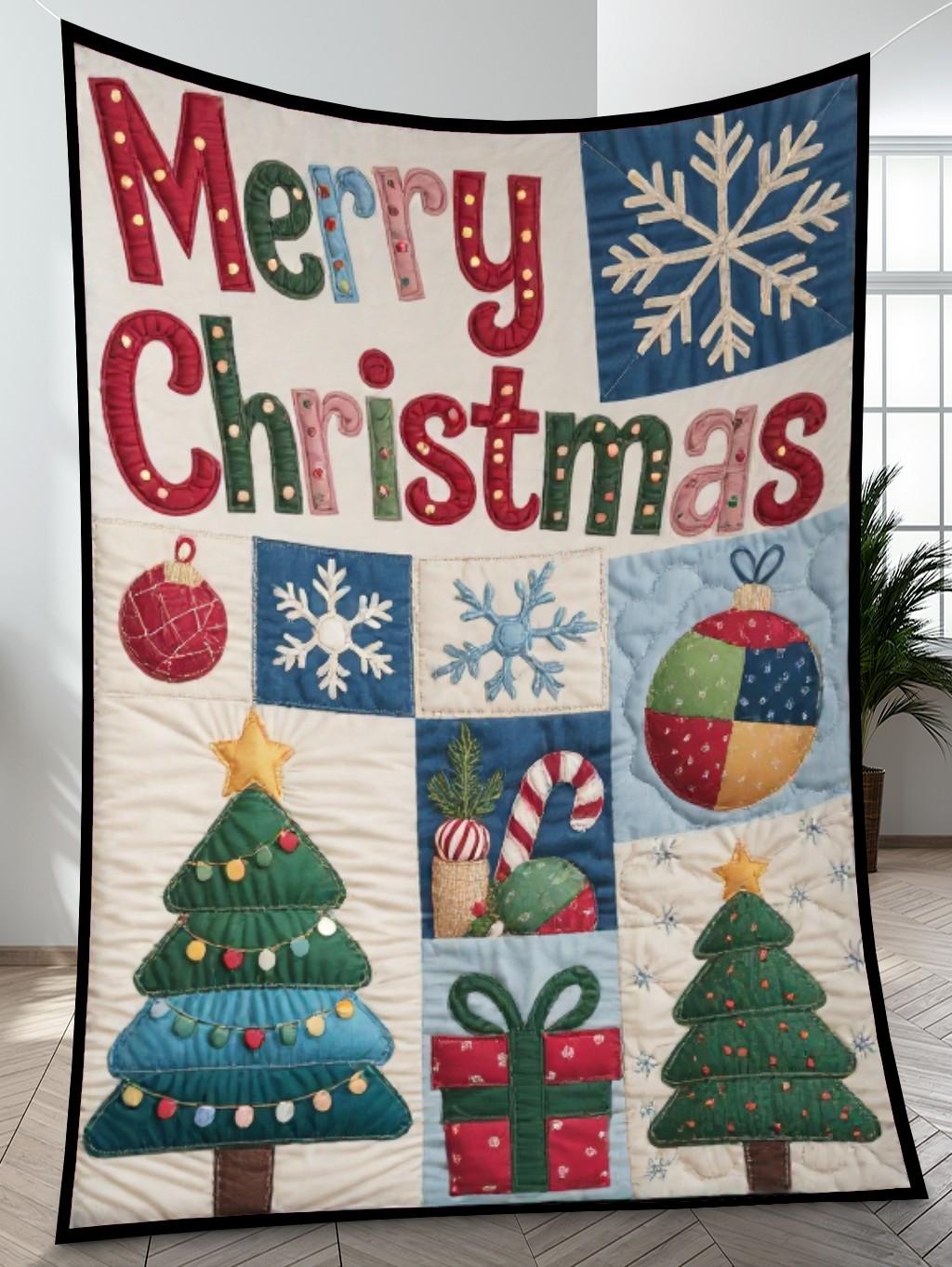 Elegant Christmas Quilted Blanket – Cozy Snowflakes, Festive Ornaments, Oversized Merry Christmas Text, Patchwork Trees, and Candy Canes — Perfect For Home, Living Room, Fireplace, And Bedroom Decor — Ideal For Indoor Decoration, Gift Ideas And Crafts, Cozy, Elegant, Classy, Chic, Cute, Unique, And Aesthetic Christmas Throw Blanket - Image 4