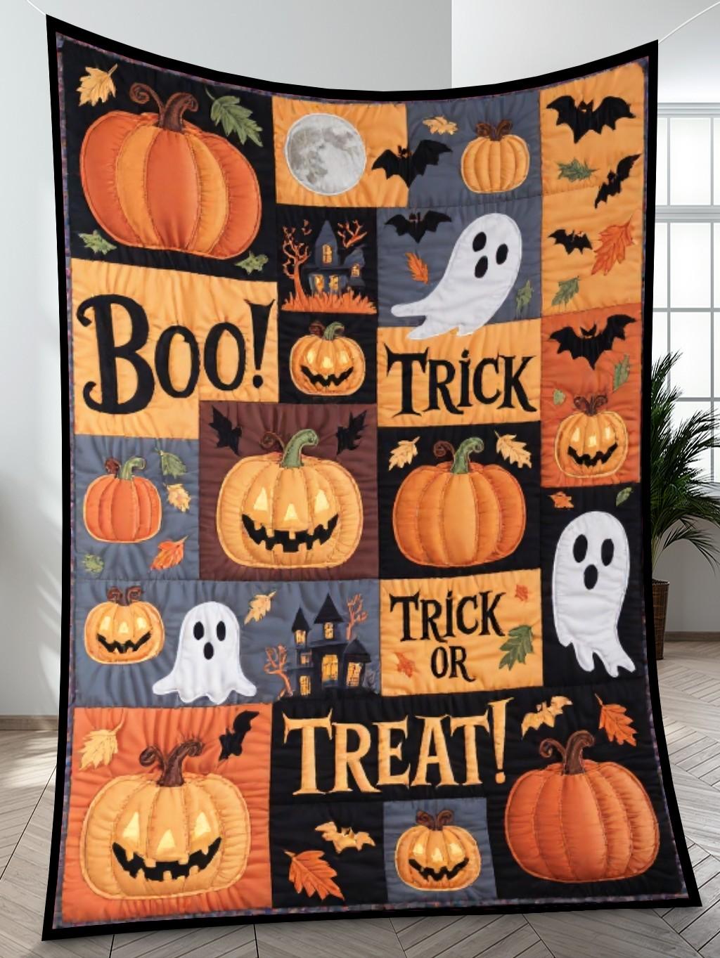 Elegant Halloween Quilted Blanket – Spooky Ghosts, Vibrant Pumpkins, and Bewitched Bats with Oversized Stitched Text — Perfect For Home, Living Room, Fireplace, And Bedroom Decor — Ideal For Indoor Decoration, Gift Ideas And Crafts, Cozy, Elegant, Classy, Chic, Cute, Unique, And Aesthetic Halloween Throw Blanket - Image 4