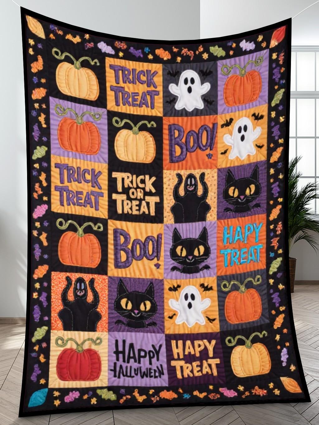 Elegant Halloween Quilted Blanket – Whimsical Pumpkins, Spooky Ghosts, and Bold 'Trick or Treat' Text Design Perfect For Home, Living Room, Fireplace, And Bedroom Decor — Ideal For Indoor Decoration, Gift Ideas And Crafts, Cozy, Elegant, Classy, Chic, Cute, Unique, And Aesthetic Halloween Throw Blanket - Image 4