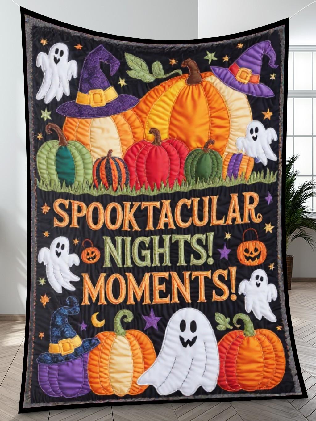 Elegant Halloween Quilted Blanket – Whimsical Witch Hats, Playful Pumpkins, and Ghostly Greetings with Bold Stitched Text – Perfect For Home, Living Room, Fireplace, And Bedroom Decor — Ideal For Indoor Decoration, Gift Ideas And Crafts, Cozy, Elegant, Classy, Chic, Cute, Unique, And Aesthetic Halloween Throw Blanket - Image 4