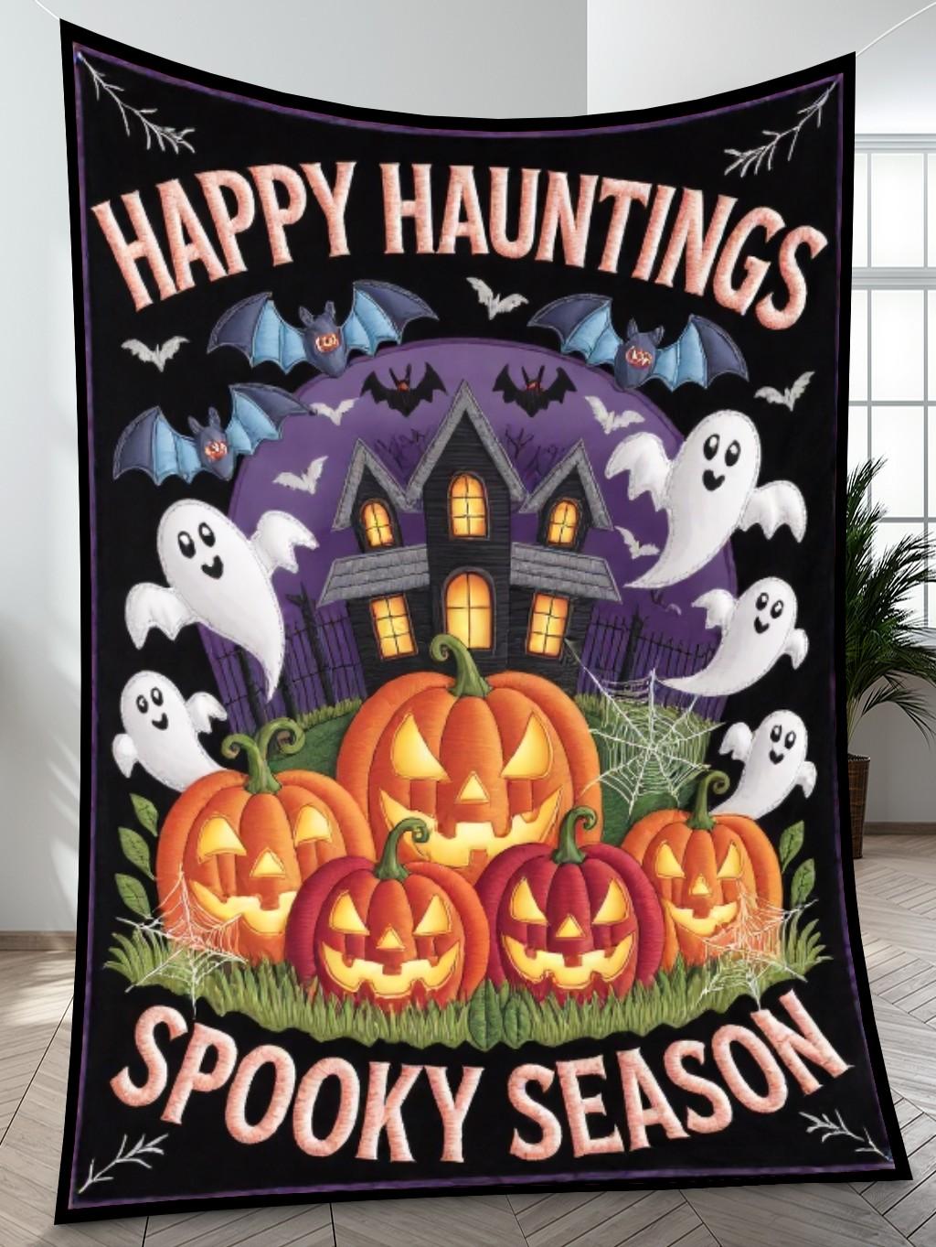 Elegant Halloween Quilted Blanket – Spooky Pumpkin Patch, Enchanting Bats, Haunted House Silhouette, and Whimsical Ghosts with Stitched Text – Perfect For Home, Living Room, Fireplace, And Bedroom Decor — Ideal For Indoor Decoration, Gift Ideas And Crafts, Cozy, Elegant, Classy, Chic, Cute, Unique, And Aesthetic Halloween Throw Blanket - Image 4