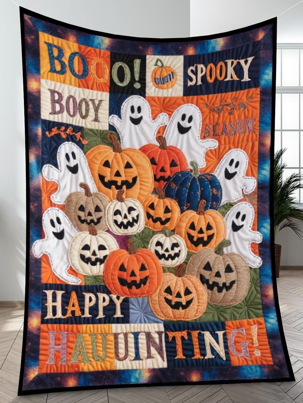 Elegant Halloween Quilted Blanket – Spooky Pumpkin Patch, Whimsical Ghosts, and Bold Spooky Text Elements Perfect For Home, Living Room, Fireplace, And Bedroom Decor — Ideal For Indoor Decoration, Gift Ideas And Crafts, Cozy, Elegant, Classy, Chic, Cute, Unique, And Aesthetic Halloween Throw Blanket - Image 4