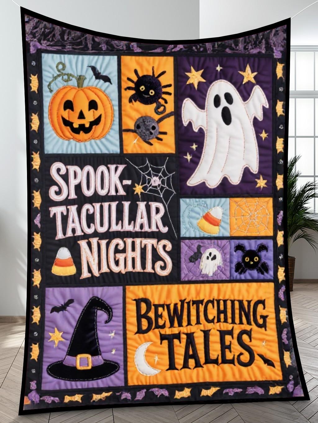 Elegant Halloween Quilted Blanket – Spooky Silhouettes, Pumpkins, and Ghostly Whispers with Oversized Stitched Text – Perfect For Home, Living Room, Fireplace, And Bedroom Decor — Ideal For Indoor Decoration, Gift Ideas And Crafts, Cozy, Elegant, Classy, Chic, Cute, Unique, And Aesthetic Halloween Throw Blanket - Image 4