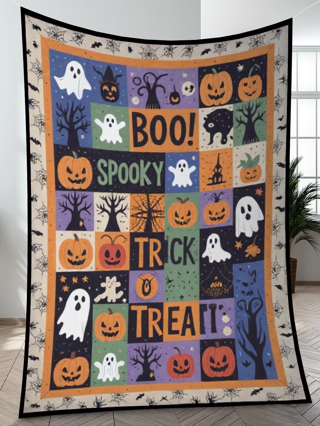 Elegant Halloween Quilted Blanket – Spooky Night Sky, Whimsical Pumpkins, and Playful Ghosts with Bold Stitched Text Perfect For Home, Living Room, Fireplace, And Bedroom Decor — Ideal For Indoor Decoration, Gift Ideas And Crafts, Cozy, Elegant, Classy, Chic, Cute, Unique, And Aesthetic Halloween Throw Blanket - Image 4