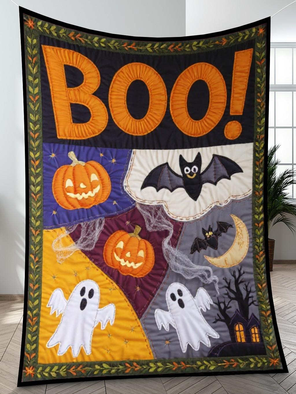 Elegant Halloween Quilted Blanket – Spooky Ghosts, Pumpkins, and Whimsical Bats with Oversized Stitched Boo Text – Perfect For Home, Living Room, Fireplace, And Bedroom Decor — Ideal For Indoor Decoration, Gift Ideas And Crafts, Cozy, Elegant, Classy, Chic, Cute, Unique, And Aesthetic Halloween Throw Blanket - Image 4