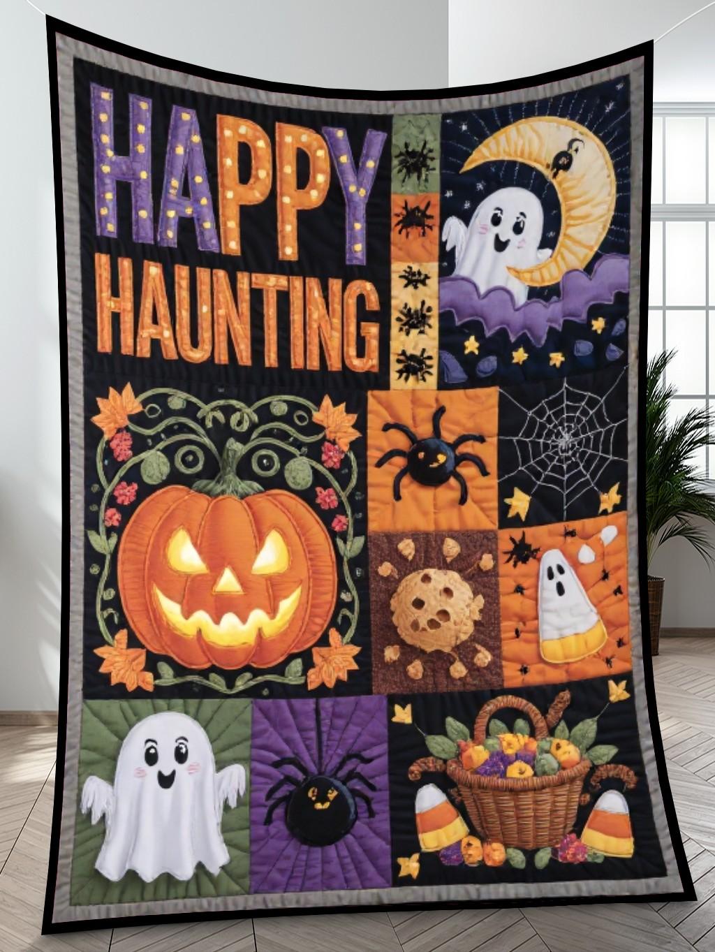 Elegant Halloween Quilted Blanket – Spooky Pumpkins, Whimsical Ghosts, And A Moonlit Night Sky Design With Bold Stitched Text – Perfect For Home, Living Room, Fireplace, And Bedroom Decor — Ideal For Indoor Decoration, Gift Ideas And Crafts, Cozy, Elegant, Classy, Chic, Cute, Unique, And Aesthetic Halloween Throw Blanket - Image 4