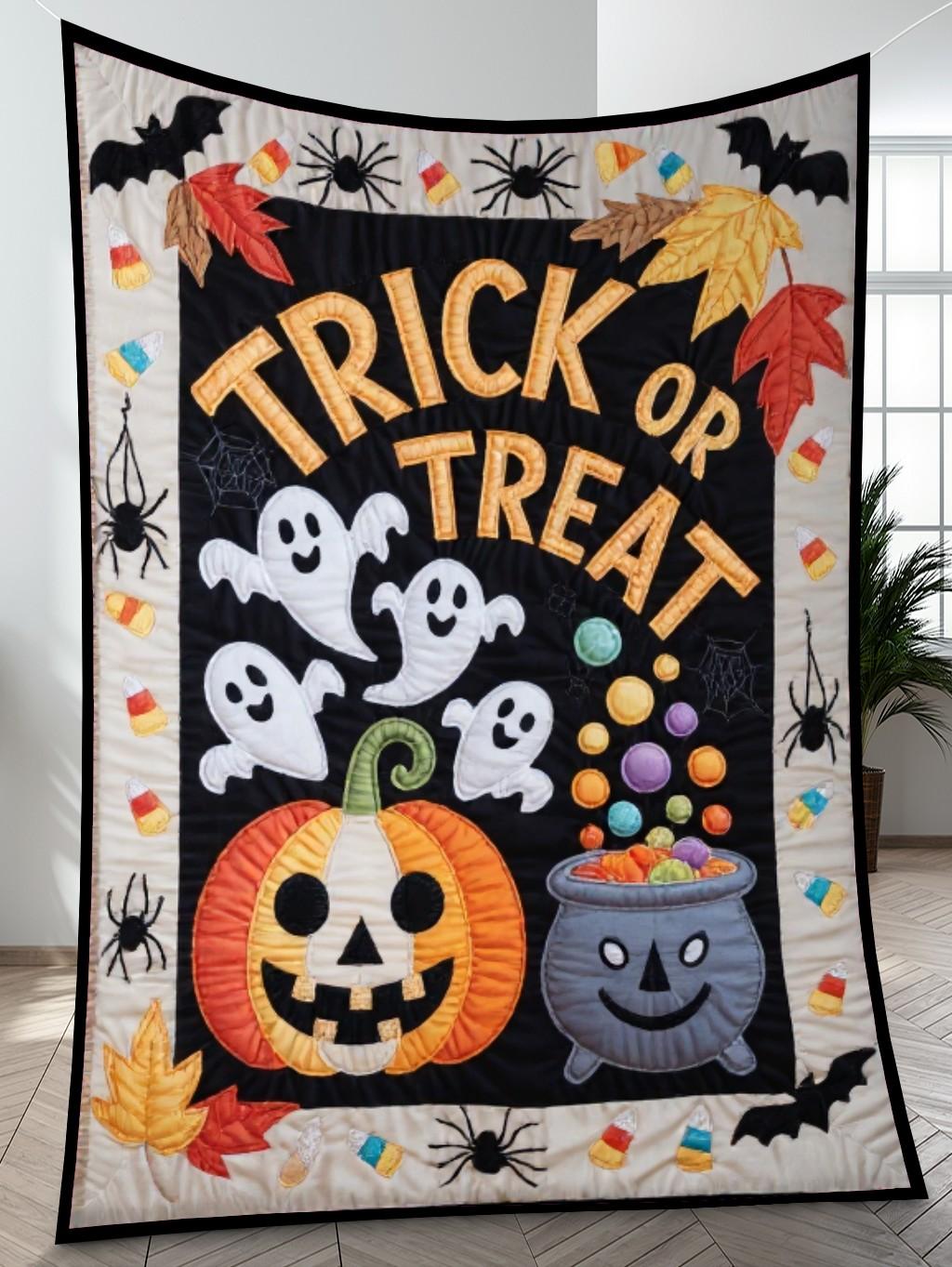 Elegant Halloween Quilted Blanket – Spooky Pumpkins, Ghostly Whispers, and Witchy Cauldrons with Oversized Stitched Text – Perfect For Home, Living Room, Fireplace, And Bedroom Decor — Ideal For Indoor Decoration, Gift Ideas And Crafts, Cozy, Elegant, Classy, Chic, Cute, Unique, And Aesthetic Halloween Throw Blanket - Image 4