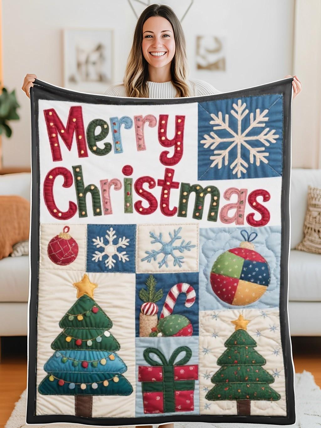 Elegant Christmas Quilted Blanket – Cozy Snowflakes, Festive Ornaments, Oversized Merry Christmas Text, Patchwork Trees, and Candy Canes — Perfect For Home, Living Room, Fireplace, And Bedroom Decor — Ideal For Indoor Decoration, Gift Ideas And Crafts, Cozy, Elegant, Classy, Chic, Cute, Unique, And Aesthetic Christmas Throw Blanket - Image 5