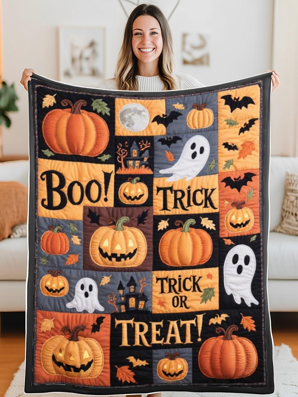 Elegant Halloween Quilted Blanket – Spooky Ghosts, Vibrant Pumpkins, and Bewitched Bats with Oversized Stitched Text — Perfect For Home, Living Room, Fireplace, And Bedroom Decor — Ideal For Indoor Decoration, Gift Ideas And Crafts, Cozy, Elegant, Classy, Chic, Cute, Unique, And Aesthetic Halloween Throw Blanket - Image 5