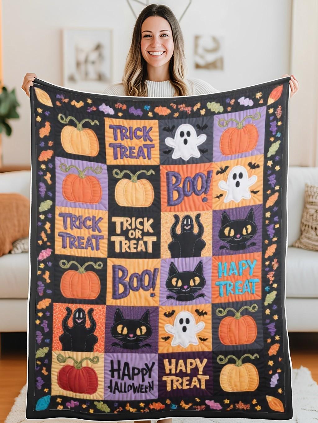 Elegant Halloween Quilted Blanket – Whimsical Pumpkins, Spooky Ghosts, and Bold 'Trick or Treat' Text Design Perfect For Home, Living Room, Fireplace, And Bedroom Decor — Ideal For Indoor Decoration, Gift Ideas And Crafts, Cozy, Elegant, Classy, Chic, Cute, Unique, And Aesthetic Halloween Throw Blanket - Image 5