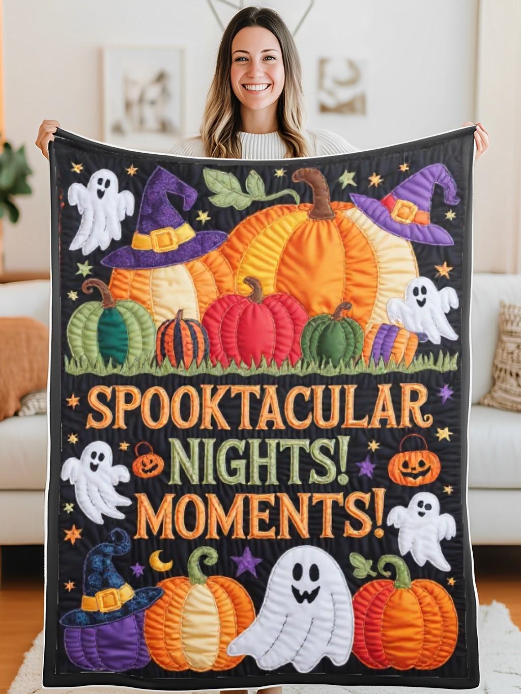 Elegant Halloween Quilted Blanket – Whimsical Witch Hats, Playful Pumpkins, and Ghostly Greetings with Bold Stitched Text – Perfect For Home, Living Room, Fireplace, And Bedroom Decor — Ideal For Indoor Decoration, Gift Ideas And Crafts, Cozy, Elegant, Classy, Chic, Cute, Unique, And Aesthetic Halloween Throw Blanket - Image 5