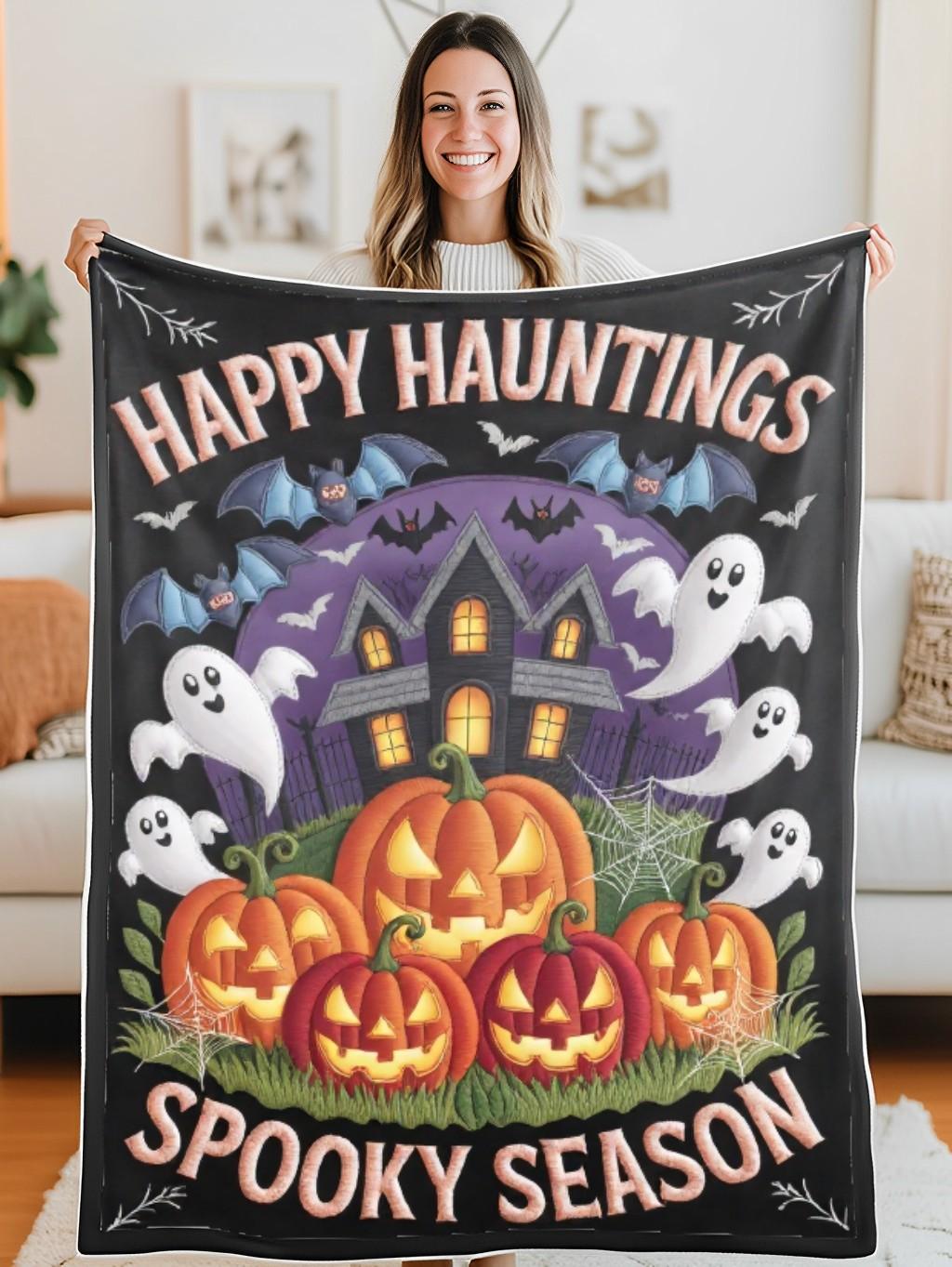 Elegant Halloween Quilted Blanket – Spooky Pumpkin Patch, Enchanting Bats, Haunted House Silhouette, and Whimsical Ghosts with Stitched Text – Perfect For Home, Living Room, Fireplace, And Bedroom Decor — Ideal For Indoor Decoration, Gift Ideas And Crafts, Cozy, Elegant, Classy, Chic, Cute, Unique, And Aesthetic Halloween Throw Blanket - Image 5
