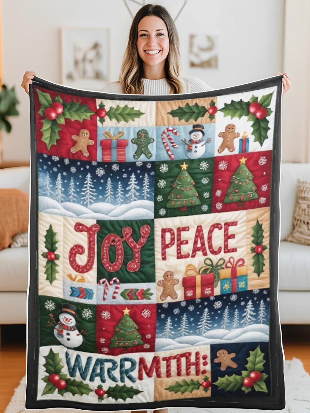 Elegant Christmas Quilted Blanket – Cozy Winter Wonderland with Oversized Stitched Text, Festive Ornaments, Holiday Trees, and Snowflakes Perfect For Home, Living Room, Fireplace, And Bedroom Decor — Ideal For Indoor Decoration, Gift Ideas And Crafts, Cozy, Elegant, Classy, Chic, Cute, Unique, And Aesthetic Christmas Throw Blanket - Image 5