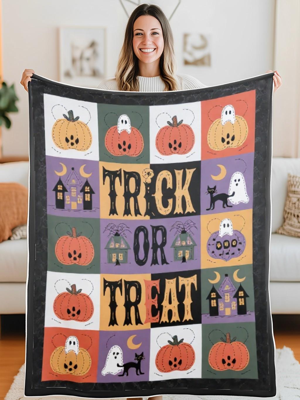 Elegant Halloween Quilted Blanket – Whimsical Ghosts, Exuberant Pumpkins, Spooky Black Cats, and Oversized 'Trick or Treat' Appliqué Design – Perfect For Home, Living Room, Fireplace, And Bedroom Decor — Ideal For Indoor Decoration, Gift Ideas And Crafts, Cozy, Elegant, Classy, Chic, Cute, Unique, And Aesthetic Halloween Throw Blanket - Image 5