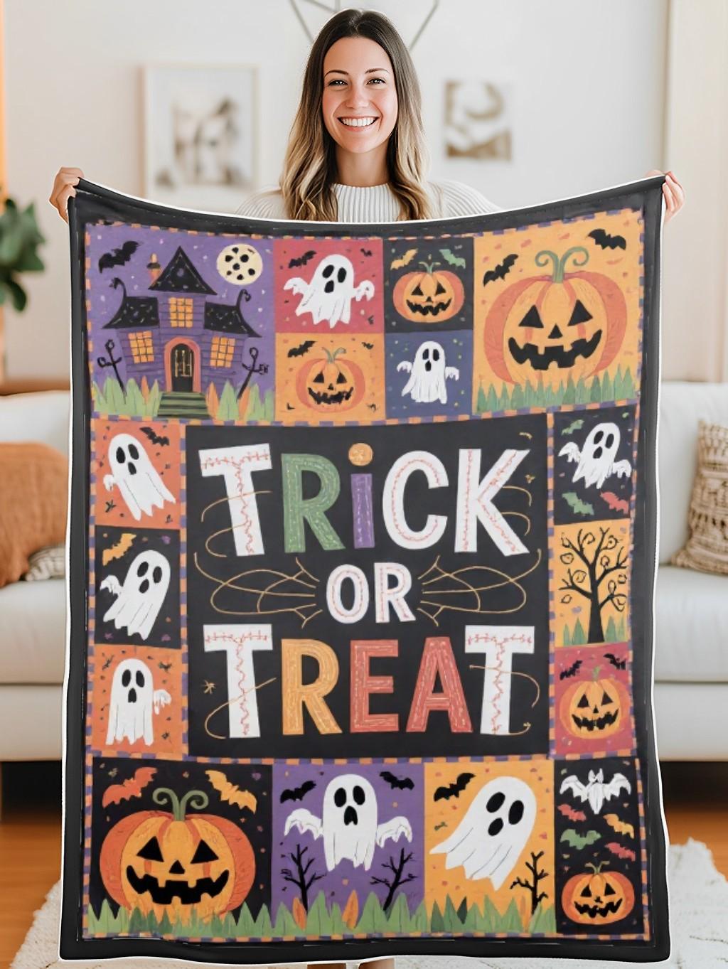 Elegant Halloween Quilted Blanket – Spooky Pumpkins, Ghostly Figures, and Whimsical Witches with Bold 'Trick or Treat' Text – Perfect For Home, Living Room, Fireplace, And Bedroom Decor — Ideal For Indoor Decoration, Gift Ideas And Crafts, Cozy, Elegant, Classy, Chic, Cute, Unique, And Aesthetic Halloween Throw Blanket - Image 5