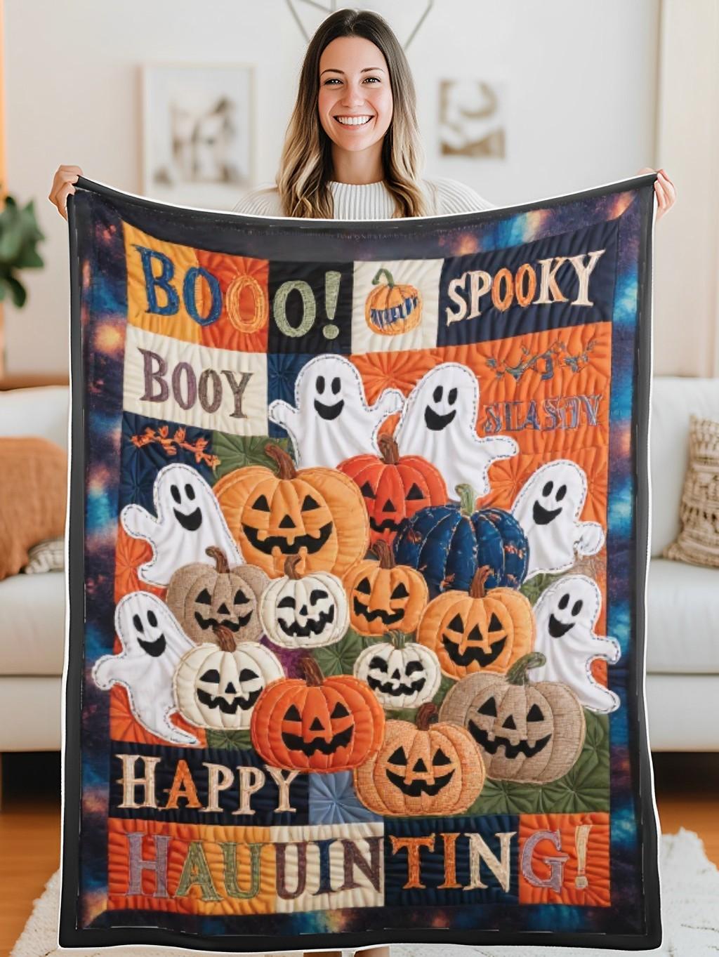 Elegant Halloween Quilted Blanket – Spooky Pumpkin Patch, Whimsical Ghosts, and Bold Spooky Text Elements Perfect For Home, Living Room, Fireplace, And Bedroom Decor — Ideal For Indoor Decoration, Gift Ideas And Crafts, Cozy, Elegant, Classy, Chic, Cute, Unique, And Aesthetic Halloween Throw Blanket - Image 5