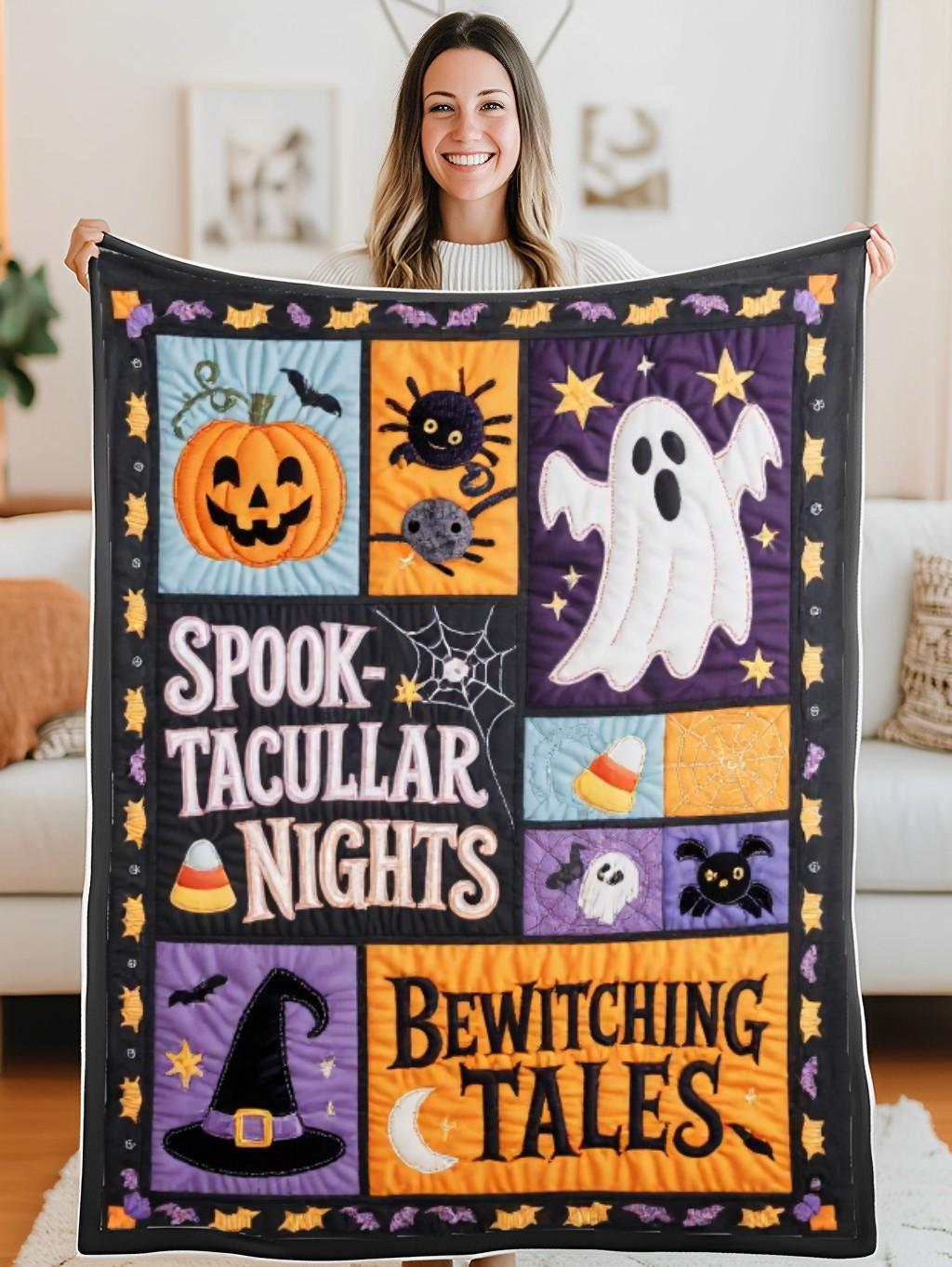 Elegant Halloween Quilted Blanket – Spooky Silhouettes, Pumpkins, and Ghostly Whispers with Oversized Stitched Text – Perfect For Home, Living Room, Fireplace, And Bedroom Decor — Ideal For Indoor Decoration, Gift Ideas And Crafts, Cozy, Elegant, Classy, Chic, Cute, Unique, And Aesthetic Halloween Throw Blanket - Image 5