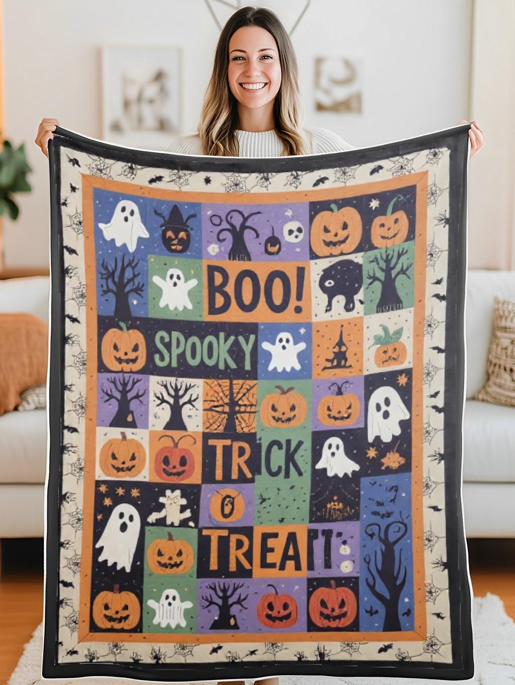 Elegant Halloween Quilted Blanket – Spooky Night Sky, Whimsical Pumpkins, and Playful Ghosts with Bold Stitched Text Perfect For Home, Living Room, Fireplace, And Bedroom Decor — Ideal For Indoor Decoration, Gift Ideas And Crafts, Cozy, Elegant, Classy, Chic, Cute, Unique, And Aesthetic Halloween Throw Blanket - Image 5