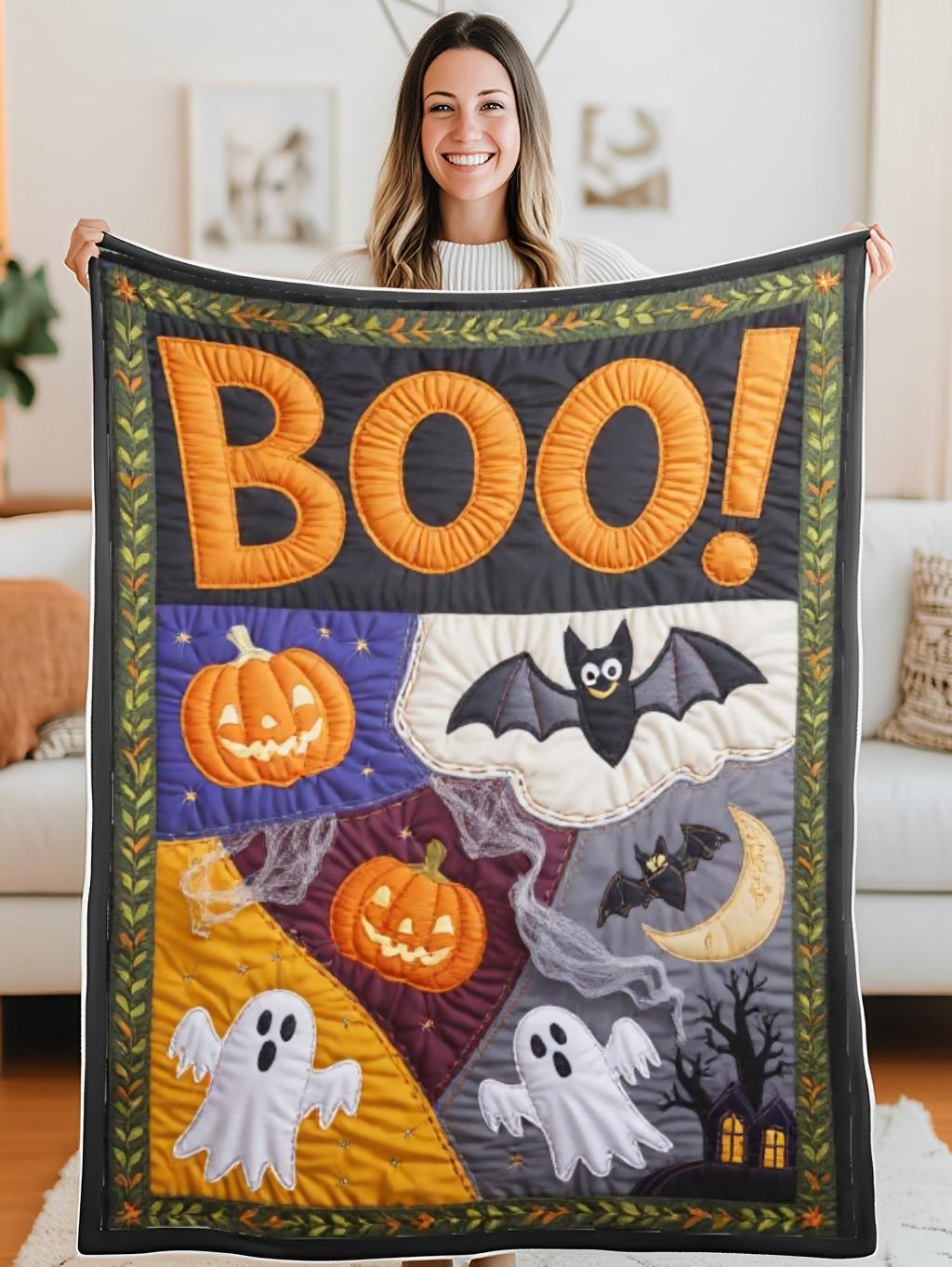 Elegant Halloween Quilted Blanket – Spooky Ghosts, Pumpkins, and Whimsical Bats with Oversized Stitched Boo Text – Perfect For Home, Living Room, Fireplace, And Bedroom Decor — Ideal For Indoor Decoration, Gift Ideas And Crafts, Cozy, Elegant, Classy, Chic, Cute, Unique, And Aesthetic Halloween Throw Blanket - Image 5