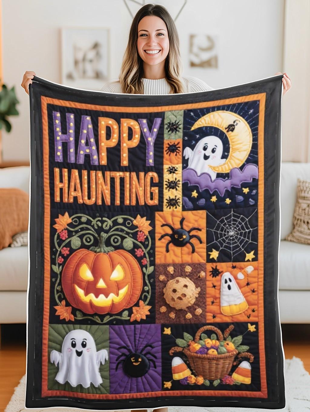 Elegant Halloween Quilted Blanket – Spooky Pumpkins, Whimsical Ghosts, And A Moonlit Night Sky Design With Bold Stitched Text – Perfect For Home, Living Room, Fireplace, And Bedroom Decor — Ideal For Indoor Decoration, Gift Ideas And Crafts, Cozy, Elegant, Classy, Chic, Cute, Unique, And Aesthetic Halloween Throw Blanket - Image 5