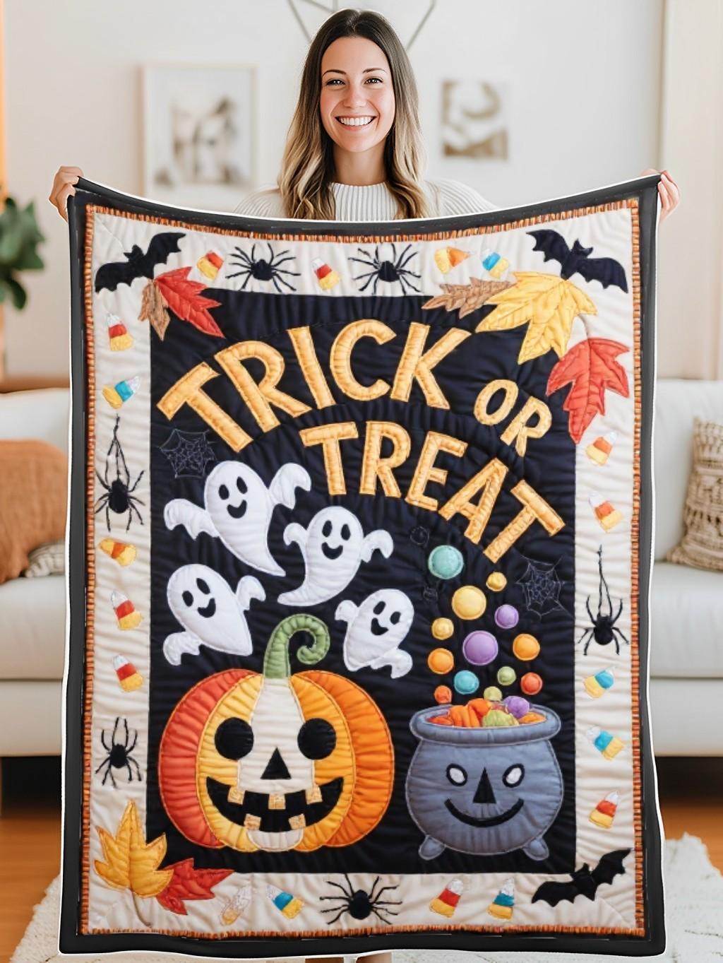 Elegant Halloween Quilted Blanket – Spooky Pumpkins, Ghostly Whispers, and Witchy Cauldrons with Oversized Stitched Text – Perfect For Home, Living Room, Fireplace, And Bedroom Decor — Ideal For Indoor Decoration, Gift Ideas And Crafts, Cozy, Elegant, Classy, Chic, Cute, Unique, And Aesthetic Halloween Throw Blanket - Image 5