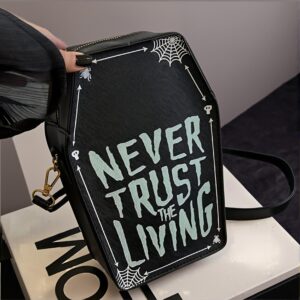 Coffin-Shaped Shoulder Bag for Women – Halloween, Gothic Faux Leather Crossbody Purse, "Never Trust The Living" Print
