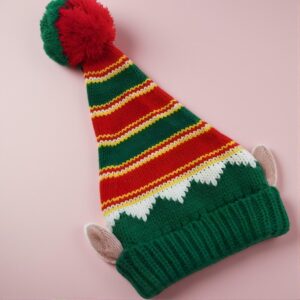 Striped Knit Christmas Elf Hat – With Elf Ears, Ball Christmas Beanie For Winter Holiday Party