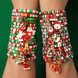 6 Pack Colorful Soft Ceramic Bead Bracelets – Santa Claus, Deer, Tree, Bell, Stocking, Gloves, Gift Box, Christmas Collection, Ornaments, Christmas Party Gifts, Christmas Eve Gifts