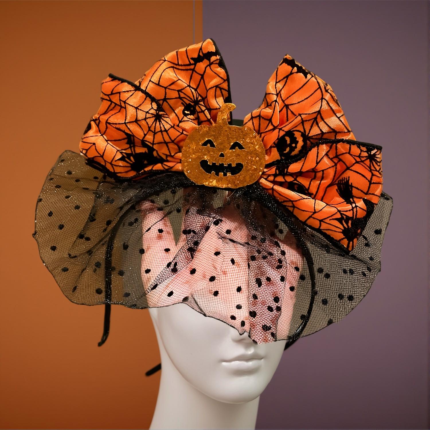 Halloween Pumpkin Headband - Vibrant Orange Spider Web Bow, Unisex Fascinator, Adjustable Fit for Adults - Image 5