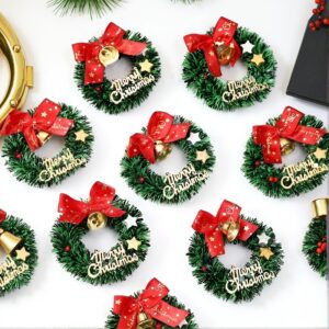 10 Pack Mini Christmas Wreaths – Red Bows and Golden Bells for Holiday Decor