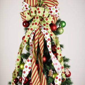 Classic 45"x13" Green & Red Polka Dot Christmas Tree Topper Bow – Durable Polyester, Ideal for Holiday Home Decor, Indoor/Outdoor Use