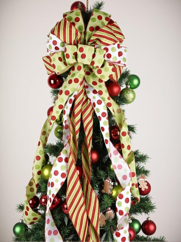 Classic 45"x13" Green & Red Polka Dot Christmas Tree Topper Bow – Durable Polyester, Ideal for Holiday Home Decor, Indoor/Outdoor Use