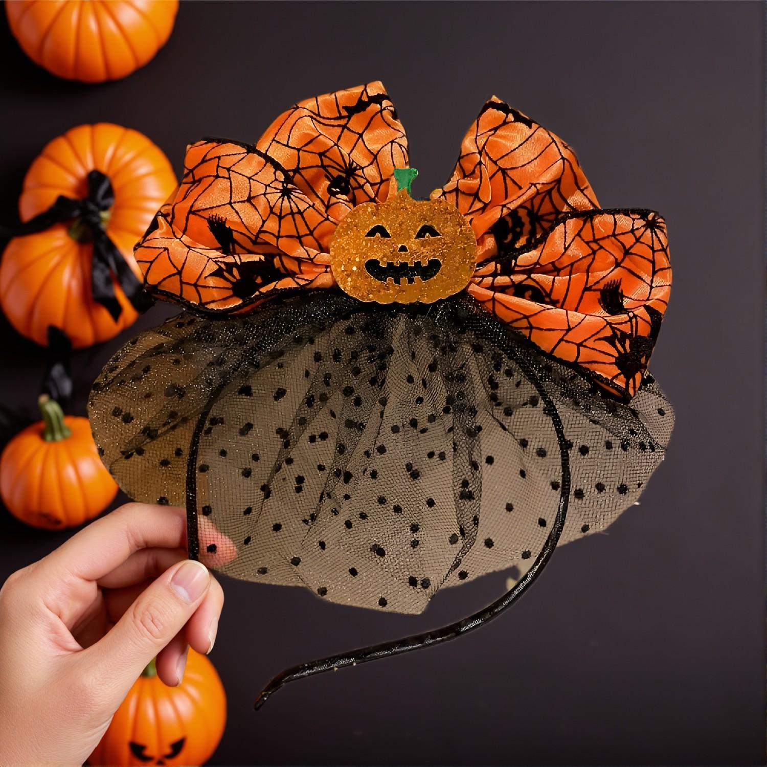 Halloween Pumpkin Headband - Vibrant Orange Spider Web Bow, Unisex Fascinator, Adjustable Fit for Adults - Image 2