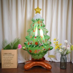 Standing Christmas Tree Foil Balloons – Green & Golden Aluminum Film Decorations With Ornaments, Star, And Twine For Holiday Parties, Home Decor, And Photo Backdrops