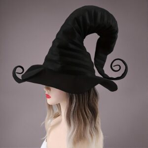 Large Pleated Black Witch Hat – Premium Fabric Costume Accessory for Halloween, Gothic Style, Comfortable Fit