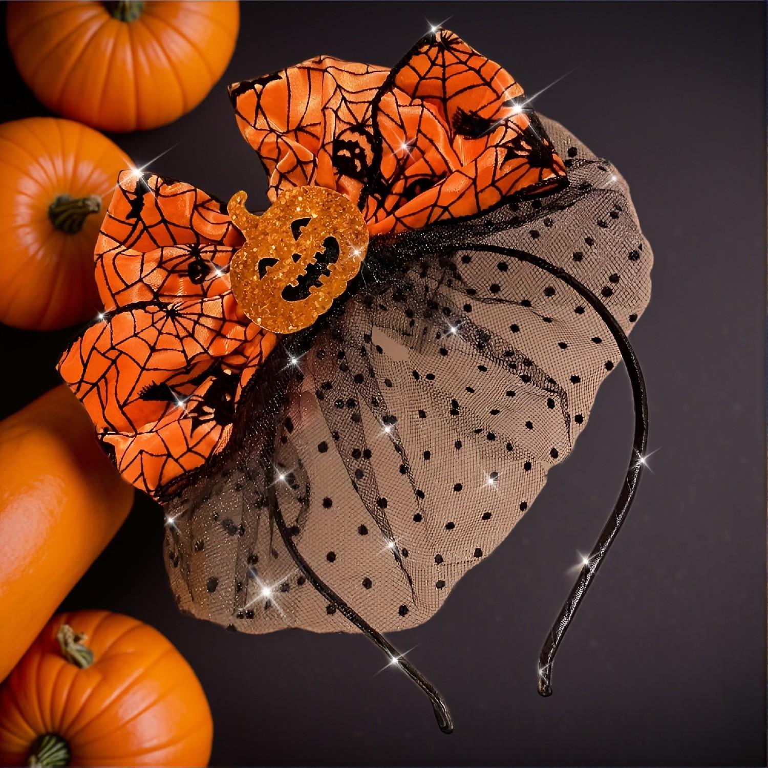 Halloween Pumpkin Headband - Vibrant Orange Spider Web Bow, Unisex Fascinator, Adjustable Fit for Adults