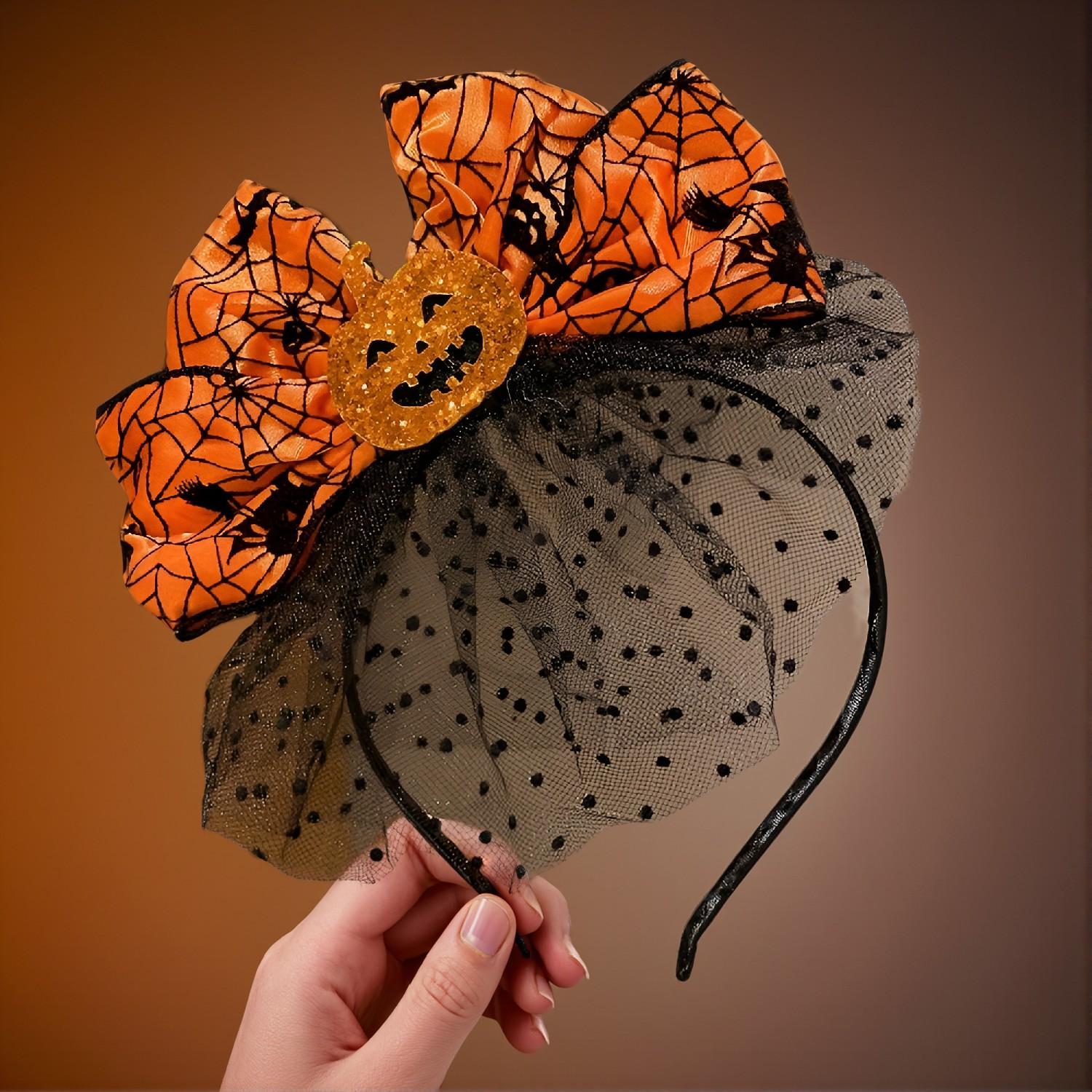 Halloween Pumpkin Headband - Vibrant Orange Spider Web Bow, Unisex Fascinator, Adjustable Fit for Adults - Image 4