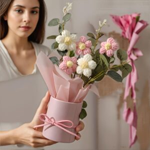 5 Crochet Flower Bouquet – Handcrafted Pink Vase, Includes Fabric, Wrapping Paper, Decorative Ribbon, Perfect for Mother's Day, Valentine's, Birthdays, or Anniversary Gifts, Spring Home Décor, Crochet Supplies