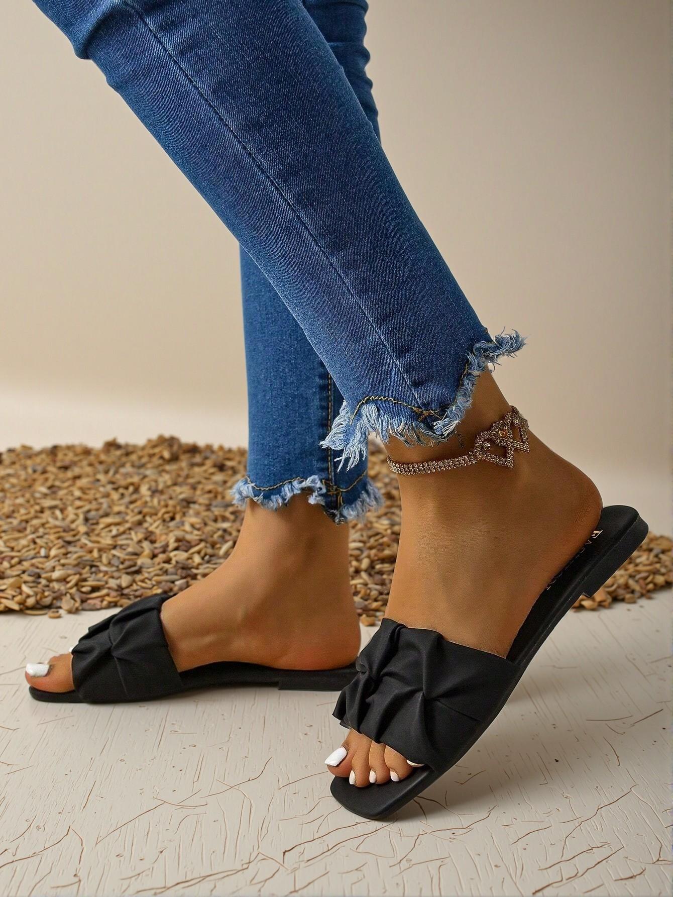 Elegant Black Women Flat Sandals Chic "Square Toe Pleated Slippers and Casual Soft Sole Beach Sandals", Cute, Comfortable, Aesthetic, Classy, Trendy, Casual, Chic, Stylish, Luxury Sandals For Summer, Beach, Vacation And Spring - Image 4