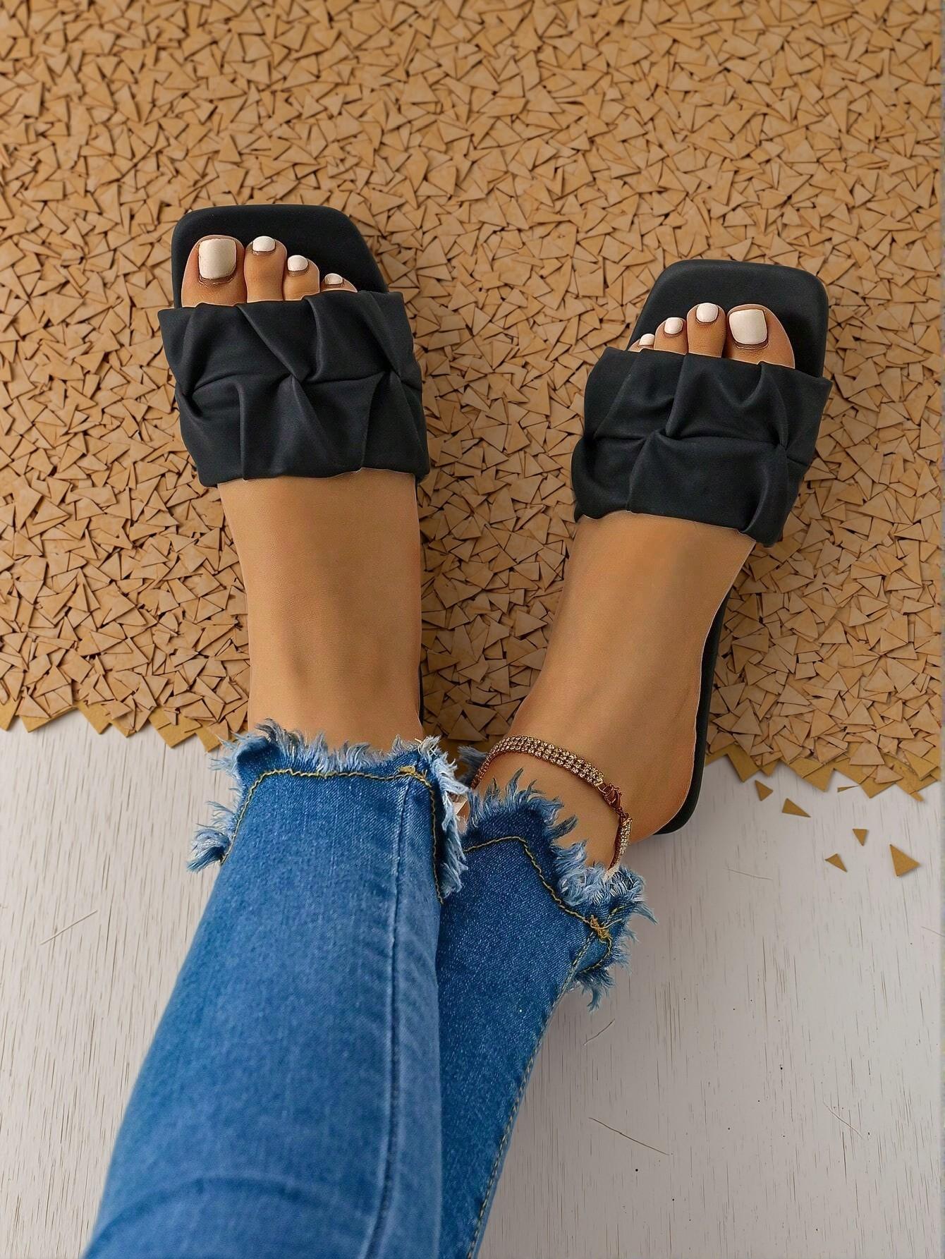 Elegant Black Women Flat Sandals Chic "Square Toe Pleated Slippers and Casual Soft Sole Beach Sandals", Cute, Comfortable, Aesthetic, Classy, Trendy, Casual, Chic, Stylish, Luxury Sandals For Summer, Beach, Vacation And Spring - Image 5