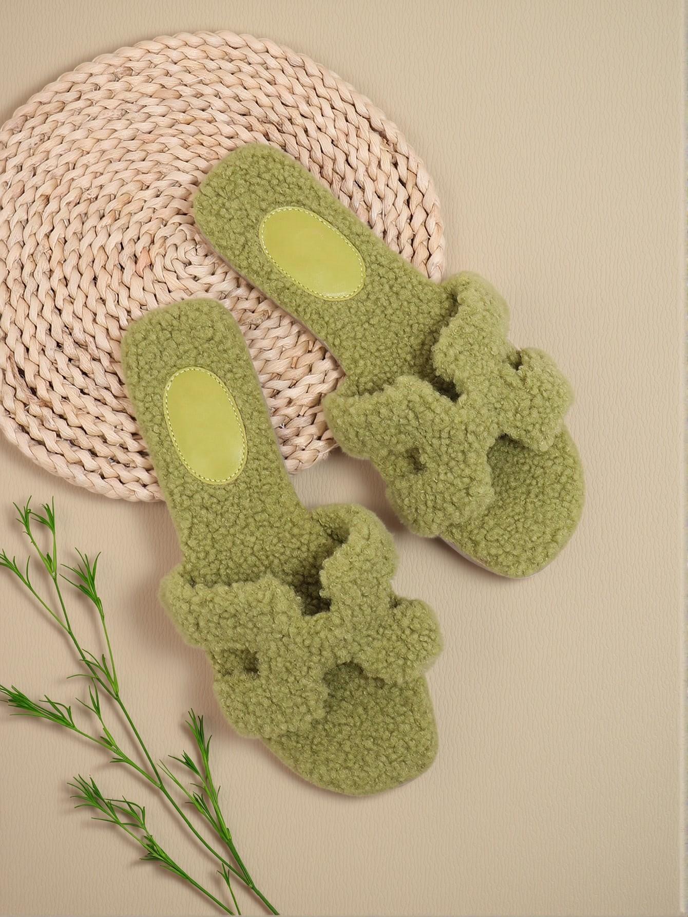 Elegant Green Women Flat Sandals Featuring Solid Color Suedette Furry Design Perfect for Vacation, Casual Outings, and Beach Days. Cute, Comfortable, Aesthetic, Classy, Trendy, Chic, Stylish, Luxury Sandals For Summer, Vacation, and Spring. - Image 2