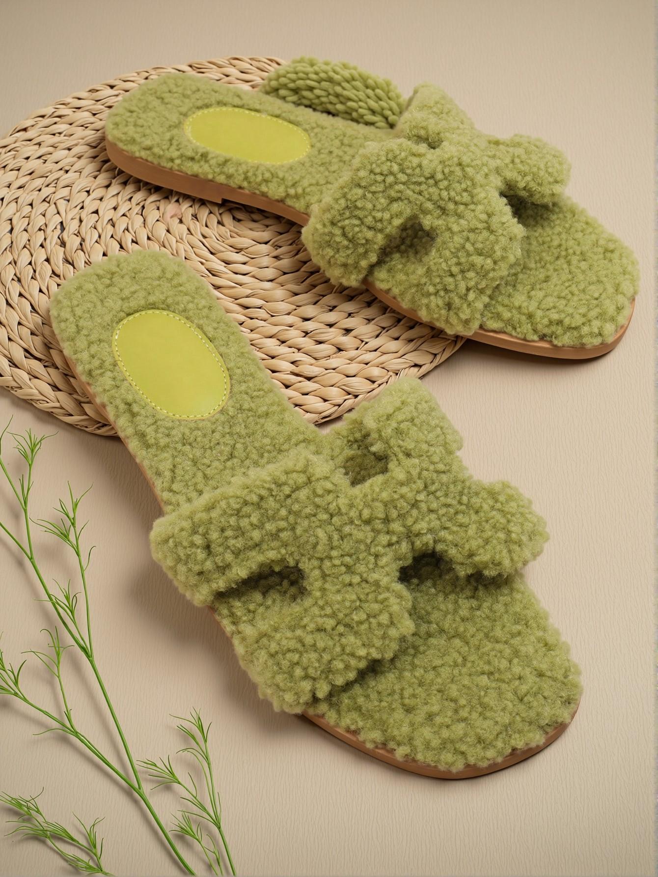 Elegant Green Women Flat Sandals Featuring Solid Color Suedette Furry Design Perfect for Vacation, Casual Outings, and Beach Days. Cute, Comfortable, Aesthetic, Classy, Trendy, Chic, Stylish, Luxury Sandals For Summer, Vacation, and Spring. - Image 4
