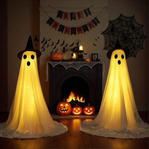2 Packs Halloween Decorations Outdoor – Cute Halloween Decorations Indoor, Spooky Ghost Halloween Decor With Witch Hat, Scary Ghosts Decor With String Lights For Front Porch Yard Garden Home 59 Inches