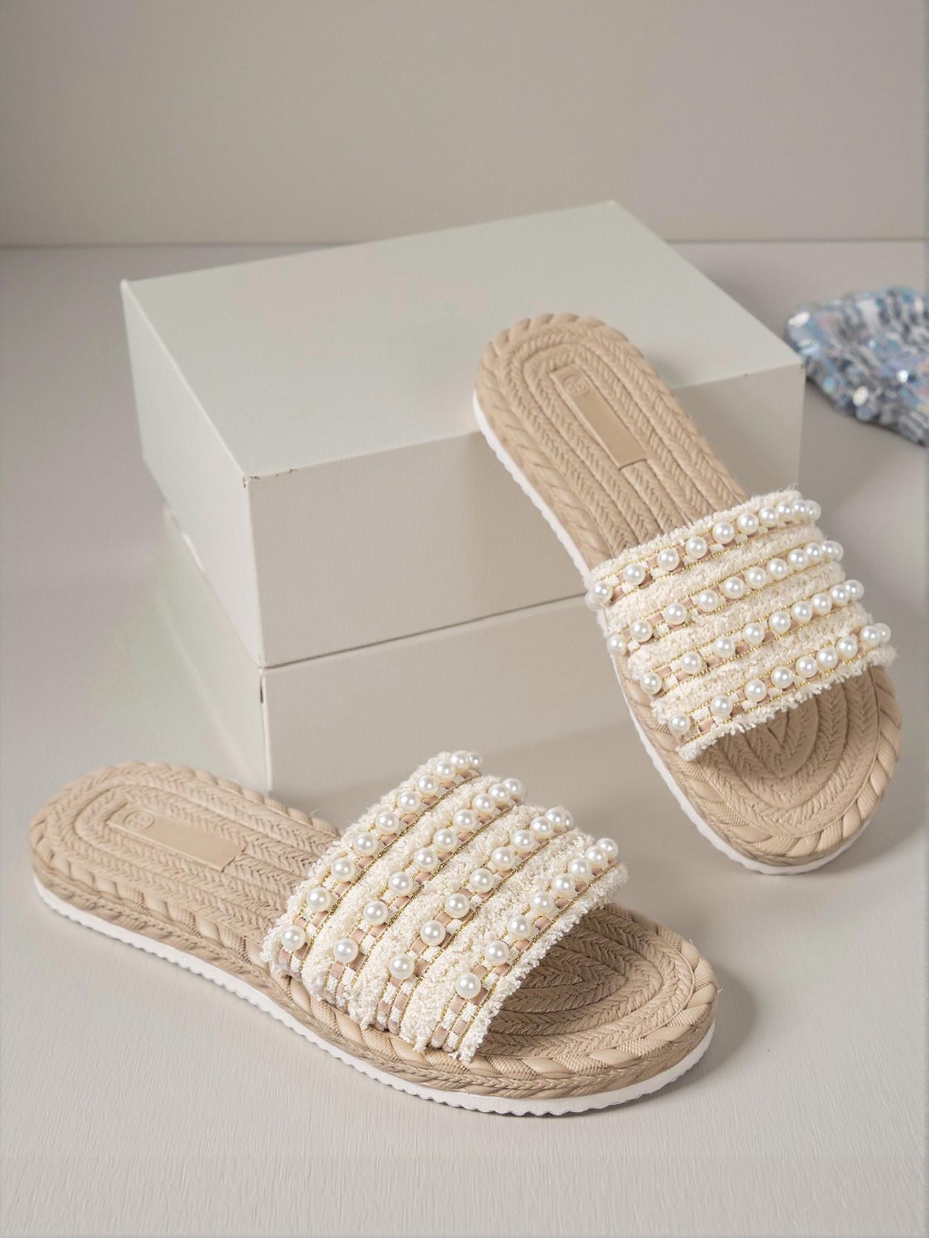 Elegant Beige Women Flat Sandals, Charming Vintage Pearl Slides for Outdoor and Casual Valentine's Celebrations, Cute, Comfortable, Aesthetic, Classy, Trendy, Casual, Chic, Stylish, Luxury Sandals For Summer, Beach, Vacation And Spring - Image 4