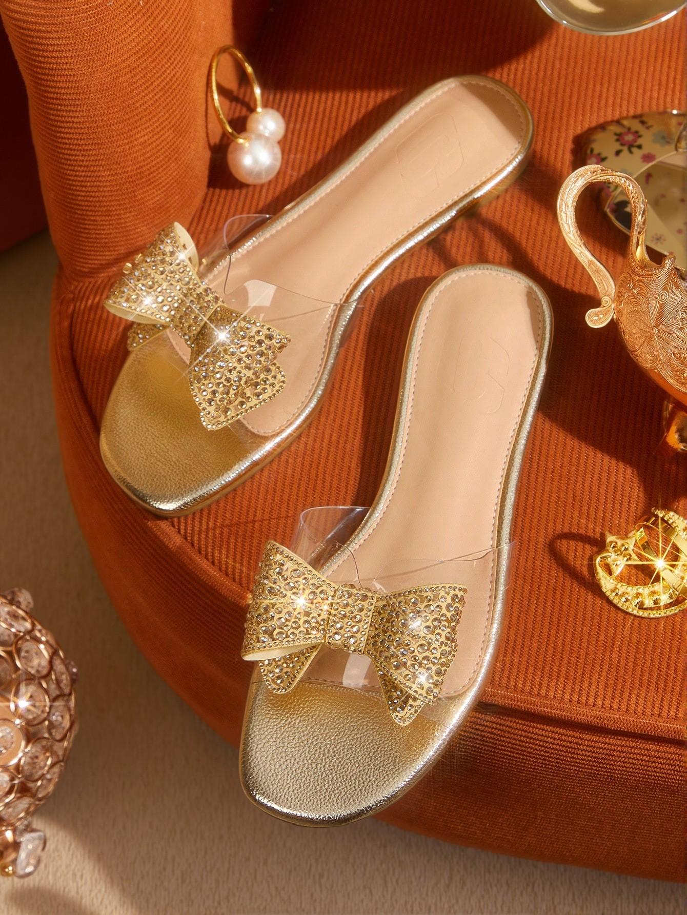 Elegant Gold Women Flat Sandals - Stylish Slingback Slip-Ons with Bowknot and Crystal Embellishments for Summer Beach, Date, and Afternoon Tea. Cute, Comfortable, Aesthetic, Classy, Trendy, Chic, Stylish, Luxury Sandals For Summer, Beach, Vacation And Spring.