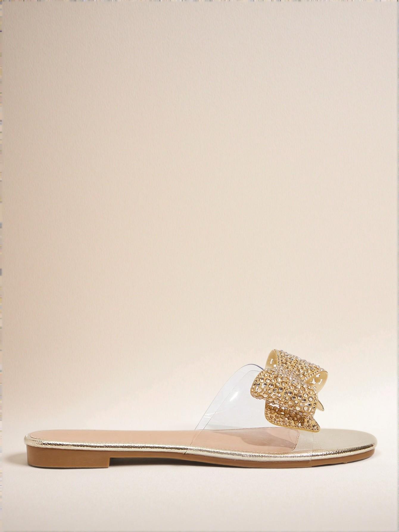 Elegant Gold Women Flat Sandals - Stylish Slingback Slip-Ons with Bowknot and Crystal Embellishments for Summer Beach, Date, and Afternoon Tea. Cute, Comfortable, Aesthetic, Classy, Trendy, Chic, Stylish, Luxury Sandals For Summer, Beach, Vacation And Spring. - Image 2