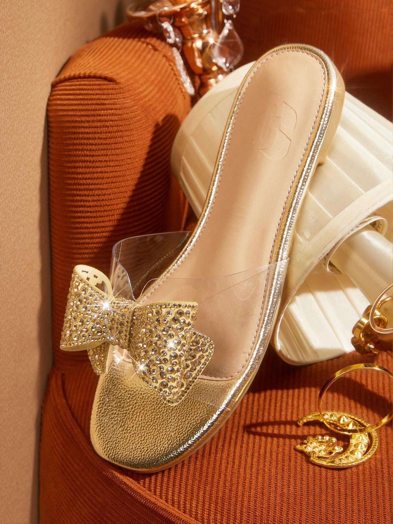 Elegant Gold Women Flat Sandals - Stylish Slingback Slip-Ons with Bowknot and Crystal Embellishments for Summer Beach, Date, and Afternoon Tea. Cute, Comfortable, Aesthetic, Classy, Trendy, Chic, Stylish, Luxury Sandals For Summer, Beach, Vacation And Spring. - Image 3