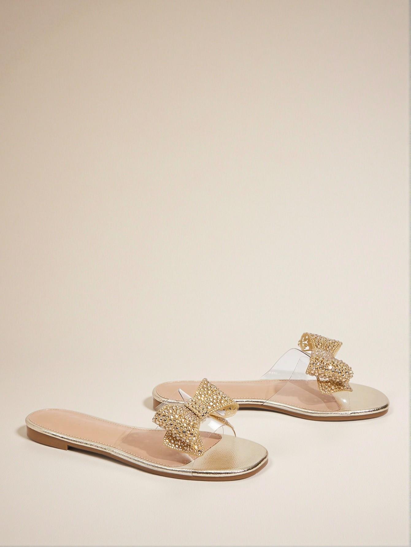Elegant Gold Women Flat Sandals - Stylish Slingback Slip-Ons with Bowknot and Crystal Embellishments for Summer Beach, Date, and Afternoon Tea. Cute, Comfortable, Aesthetic, Classy, Trendy, Chic, Stylish, Luxury Sandals For Summer, Beach, Vacation And Spring. - Image 4