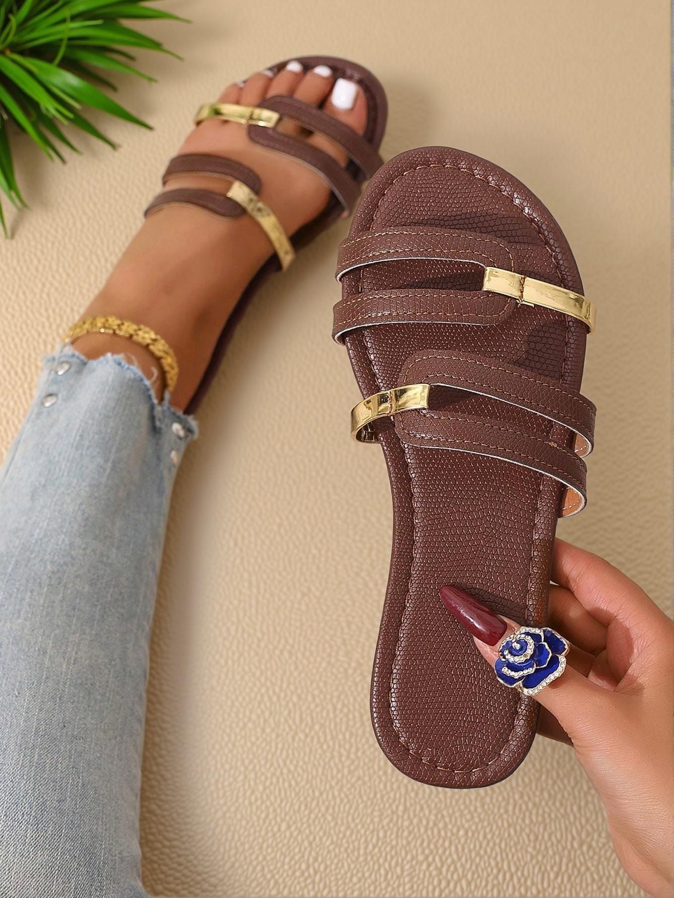 Elegant Coffee Brown Women Flat Sandals Stylish Open Toe Hollow Design Slip-On Slippers Perfect for Dresses, Pants, Shorts, and Skirts for Spring, Summer, and Autumn Wear. Cute, Comfortable, Aesthetic, Classy, Trendy, Casual, Chic, Stylish, Luxury Sandals For Summer, Beach, Vacation And Spring.