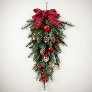 21.6 Inches Artificial Christmas Teardrop Swag – Decoration With Pine Cones And Red Berries For Home, Room, And Scene Decor